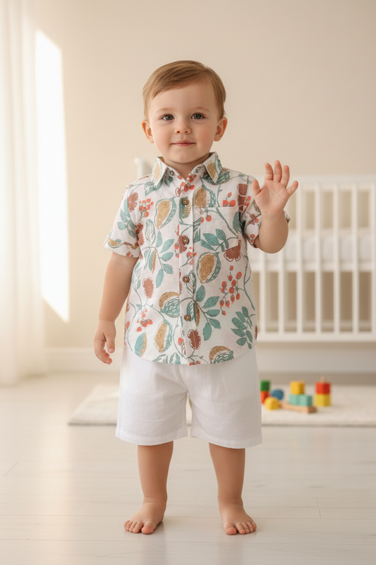 Unisex Kids' White Floral Cotton Shirt with Solid White Shorts Set