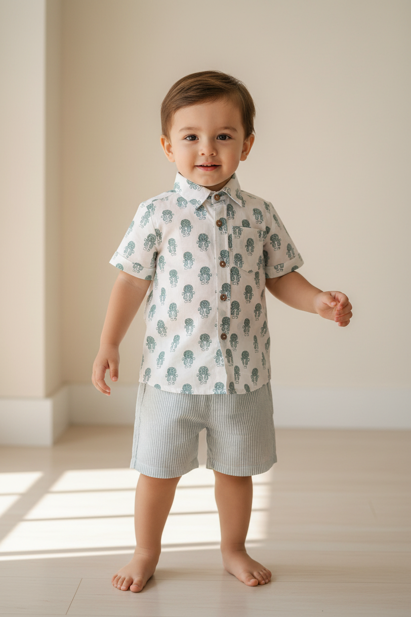 Unisex Kids' Sage Booty Print Cotton Shirt & Stripe Shorts Set