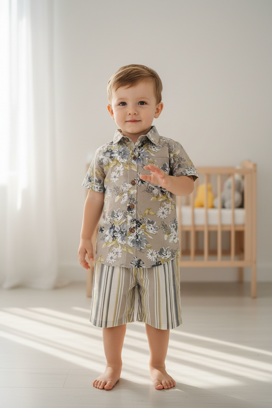 Unisex Kids' Brown Floral Print Cotton Shirt & Striped Shorts Set