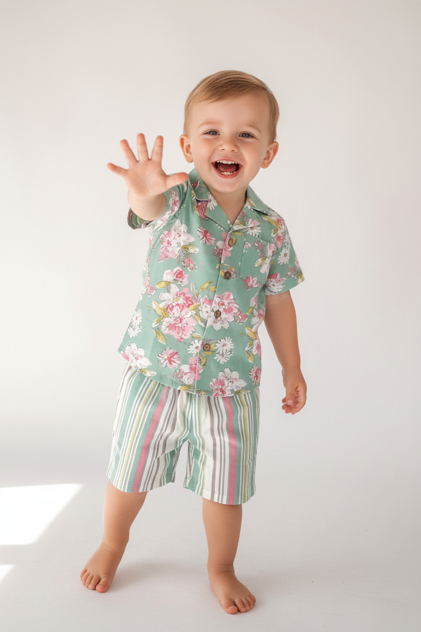 Unisex Kids' Green Floral Print Cotton Shirt & Striped Shorts Set