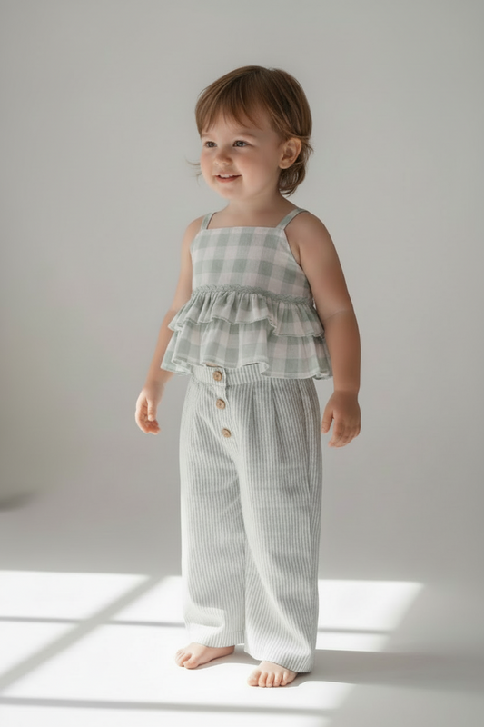 Adorable 2-Piece Sage Checks Top & Striped Pants Set for Kids & Infants