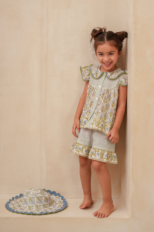 Top and Shorts Set : WHITE WITH BLUE FLORAL PRINT : Infant : Toddler : Tween