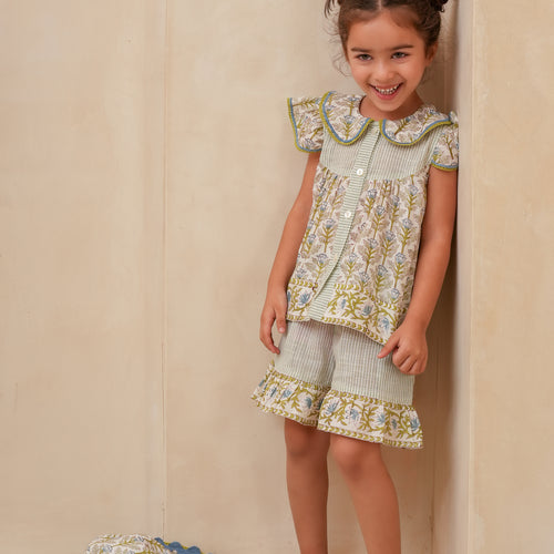 Top and Shorts Set : WHITE WITH BLUE FLORAL PRINT : Infant : Toddler : Tween