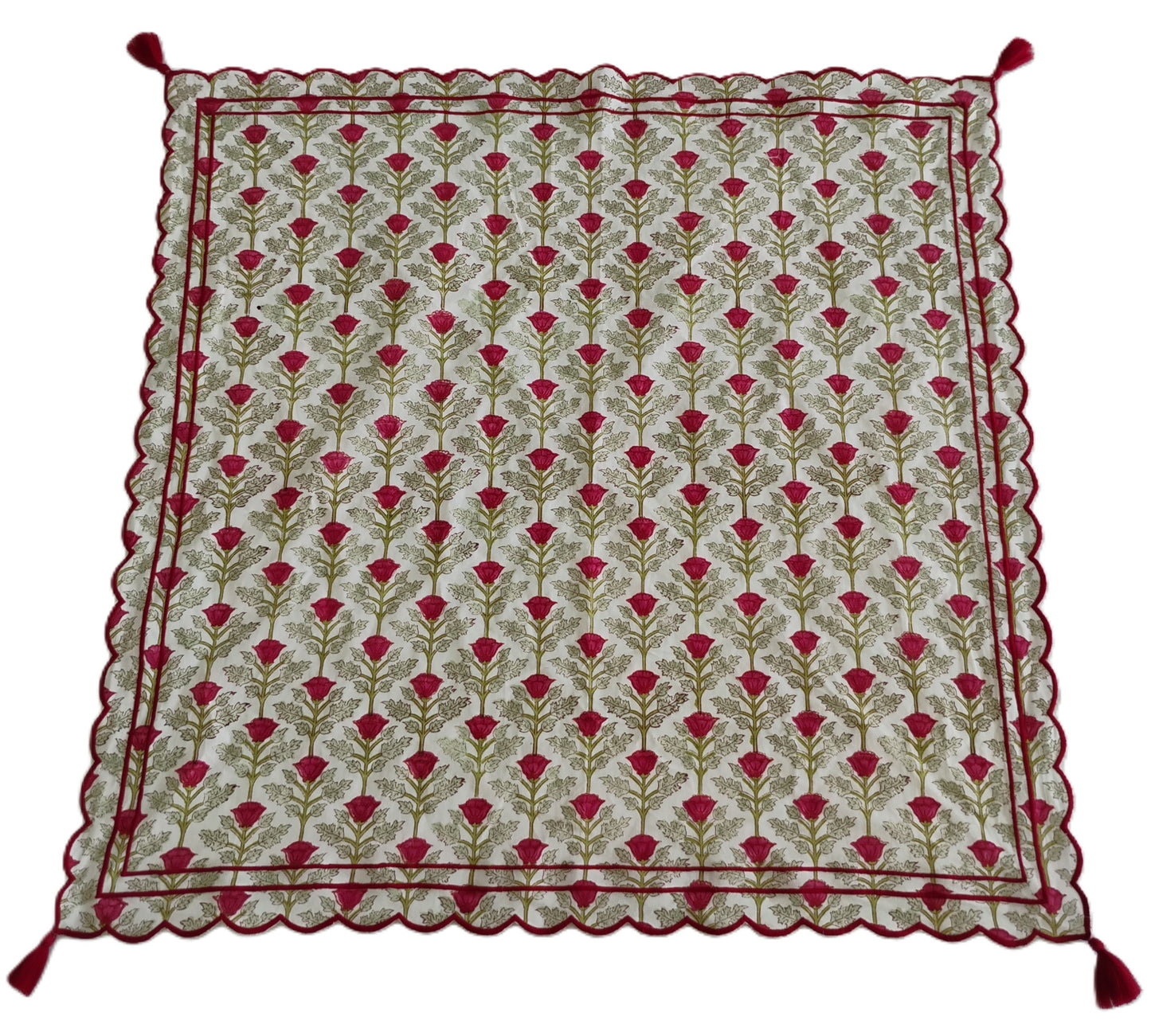 Embroidered Scalloped Scarf with Tassle  : RED FLORAL PRINT : One Size