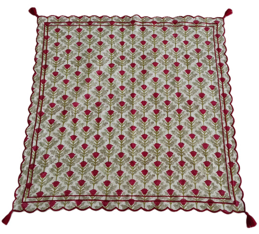 Embroidered Scalloped Scarf with Tassle  : RED FLORAL PRINT : One Size