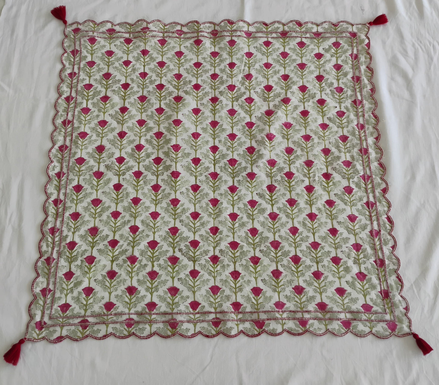 Embroidered Scalloped Scarf with Tassle  : RED FLORAL PRINT : One Size