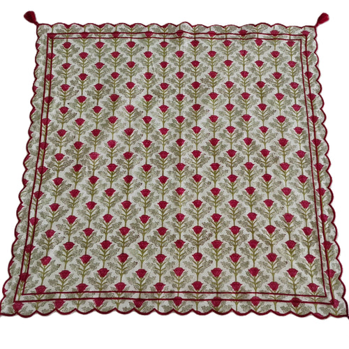 Embroidered Scalloped Scarf with Tassle  : RED FLORAL PRINT : One Size