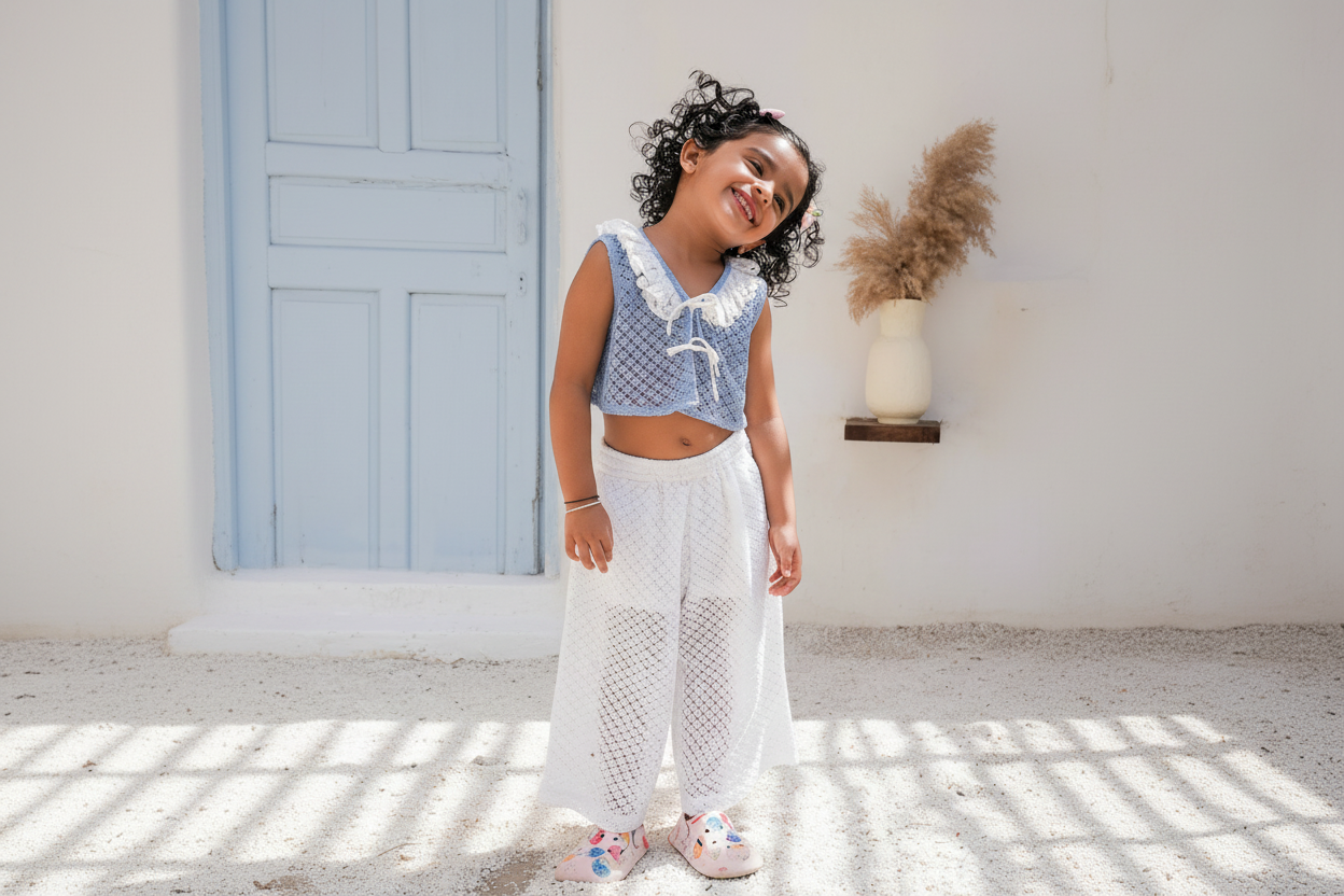 Beach Powder Blue Vest and White Pants Set — Cotton Girls Co-Ord | Infant to Tween 0-13 Years