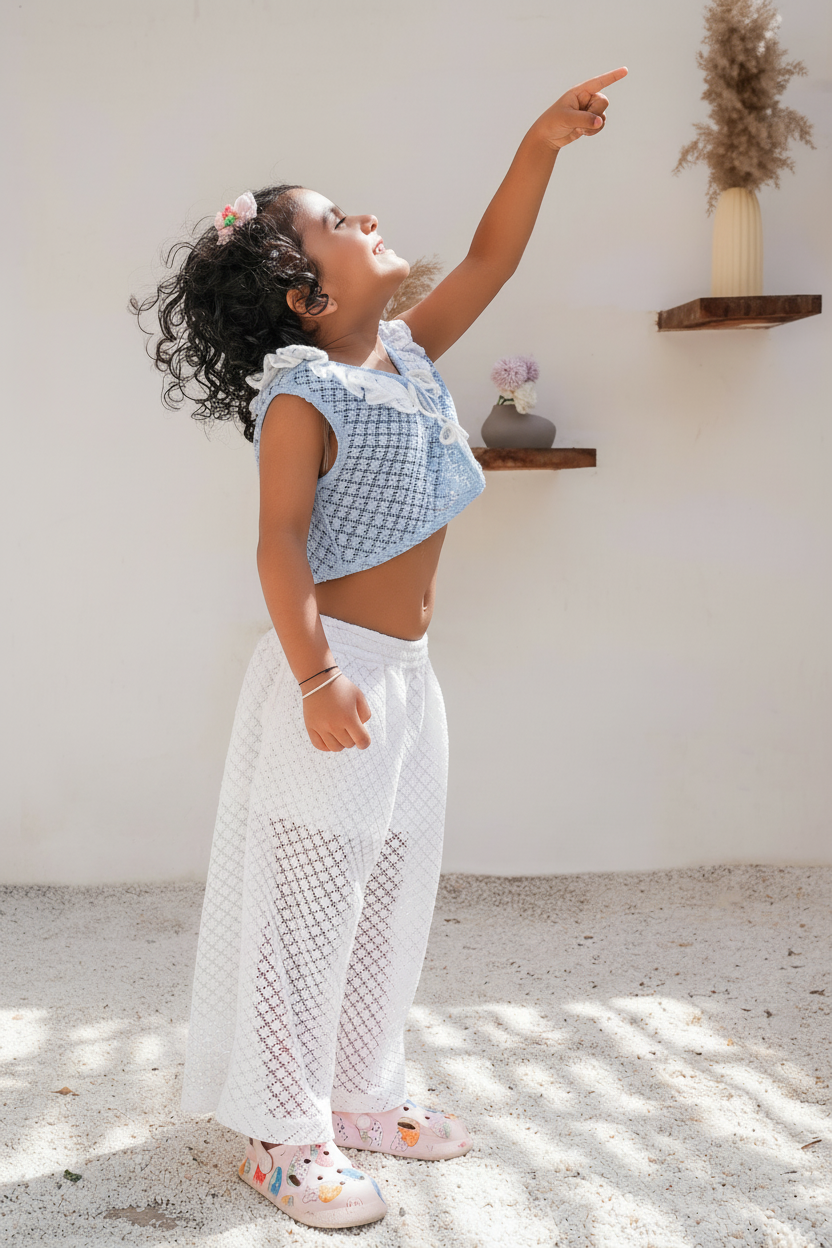 Beach Powder Blue Vest and White Pants Set — Cotton Girls Co-Ord | Infant to Tween 0-13 Years