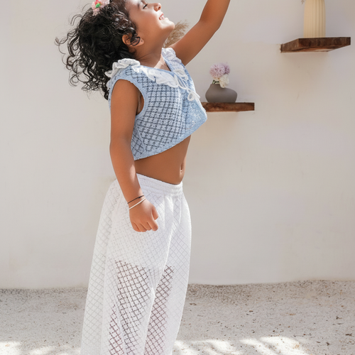 Beach Powder Blue Vest and White Pants Set — Cotton Girls Co-Ord | Infant to Tween 0-13 Years
