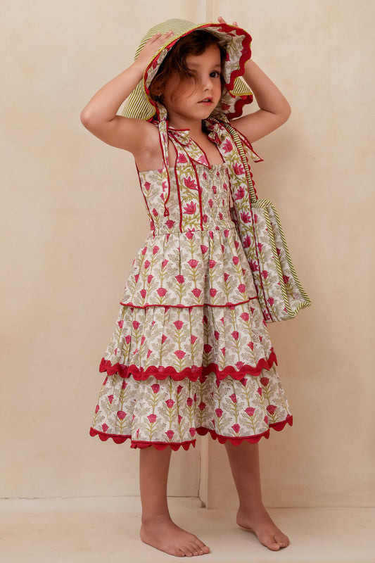 Genelia Layered Dress White with Red Floral Print — Cotton Girls and Women Dress | 0-13 Years and Women