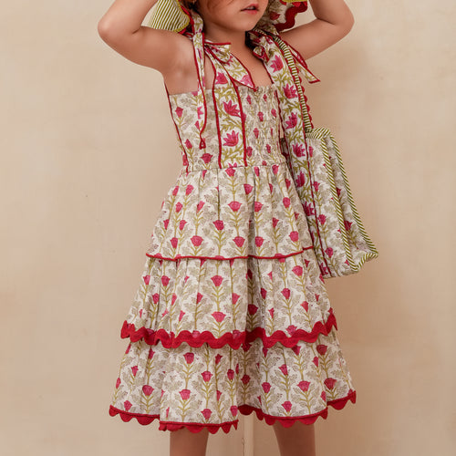 Genelia Layered Dress White with Red Floral Print — Cotton Girls and Women Dress | 0-13 Years and Women