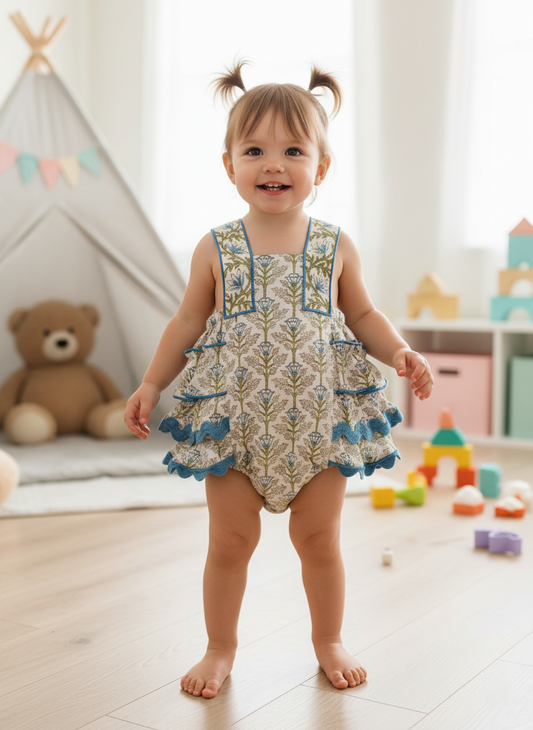 Kia Ruffle Romper Blue — Cotton Baby Girl Romper | Infant 0-24 Months