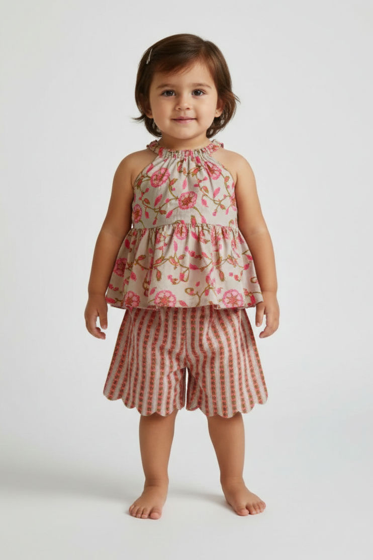 Halter Top and Shorts Set Beige — Cotton Girls Co-Ord | Infant to Tween 0-13 Years