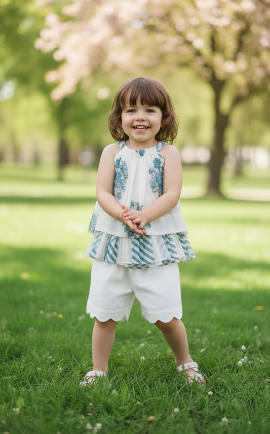 Pia Halter Top and Shorts Set Off-White and Blue — Cotton Girls Co-Ord | 0-13 Years