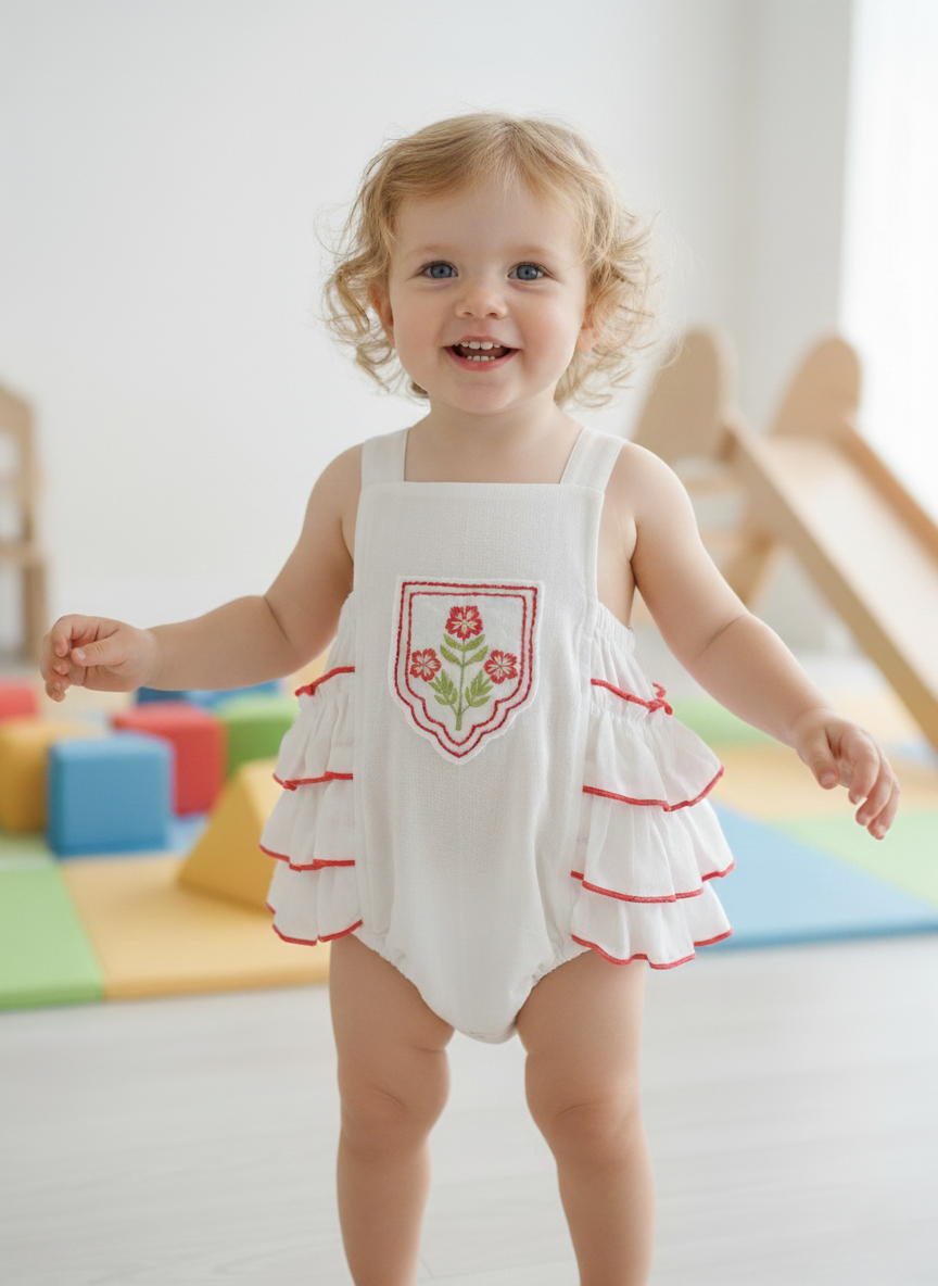 Jaipur Embroidered Romper White — Cotton Baby Girl Romper | Infant 0-24 Months