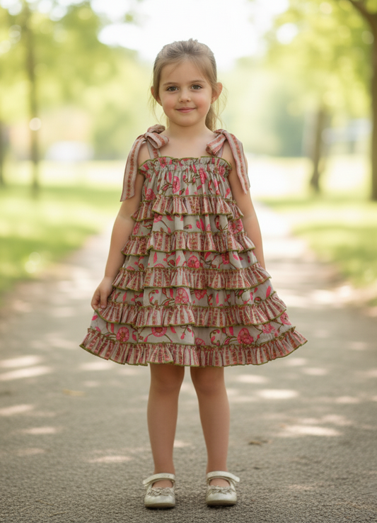 Nia Printed Dress Taupe — Cotton Girls Dress | Infant to Tween 0-13 Years