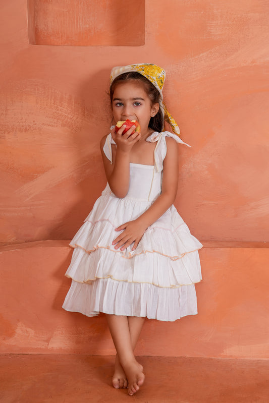 Genelia Layered Dress White — Cotton Girls Dress | Infant to Tween 0-13 Years