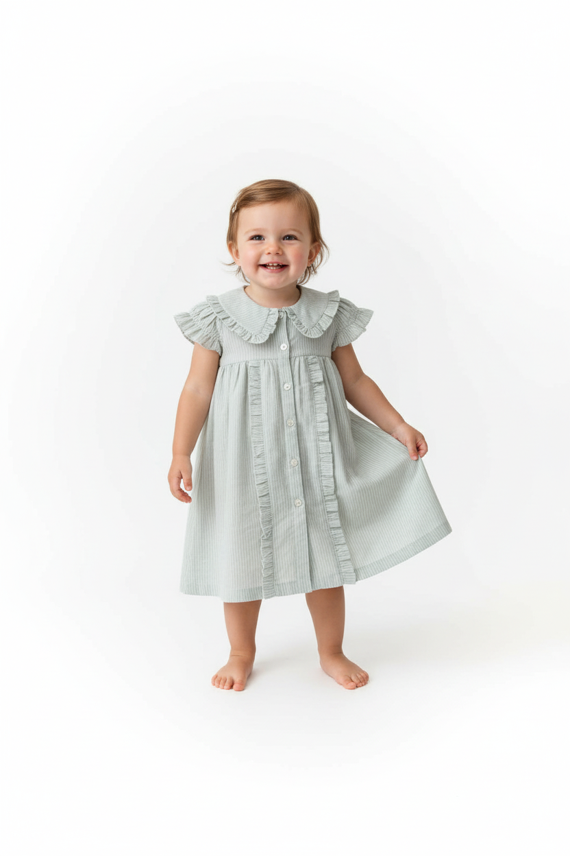 Striped Dress with Collar Soft Blue — Cotton Girls Dress | Infant to Tween 0-13 Years