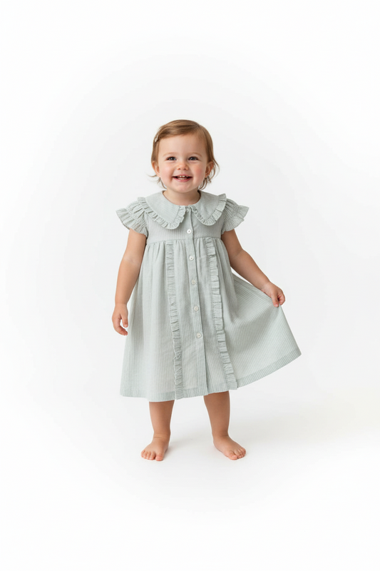 Striped Dress with Collar Soft Blue — Cotton Girls Dress | Infant to Tween 0-13 Years