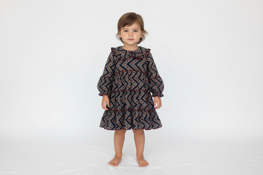 Noel Printed Peter Pan Collar Tiered Dress - Midnight