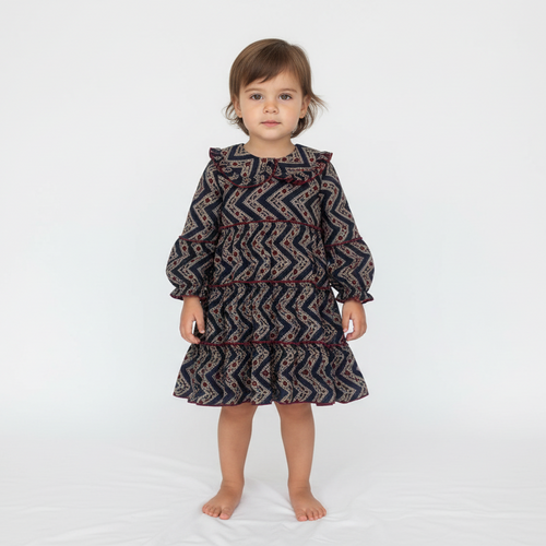 Noel Printed Peter Pan Collar Tiered Dress - Midnight