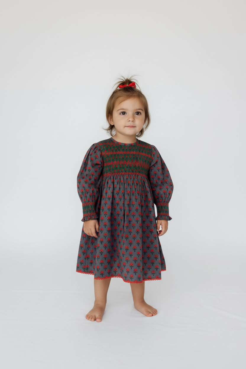 Poppy Smocked Cotton Printed Dress with Pockets