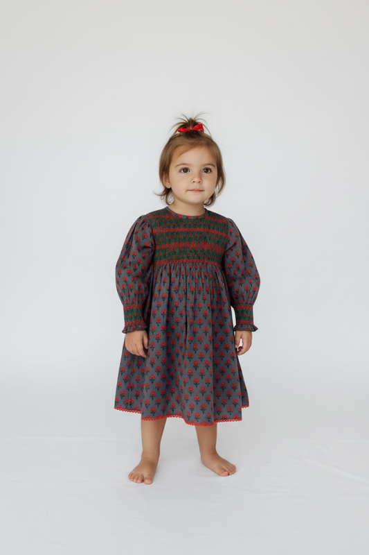 Poppy Smocked Cotton Printed Dress with Pockets