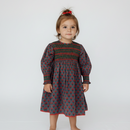 Poppy Smocked Cotton Printed Dress with Pockets