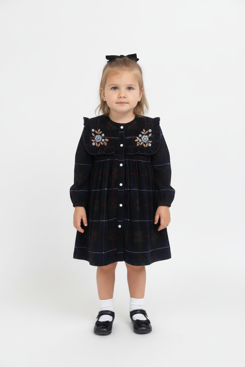 Holly Corduroy Hand-Embroidered Sailor Collar Shirt Dress Green