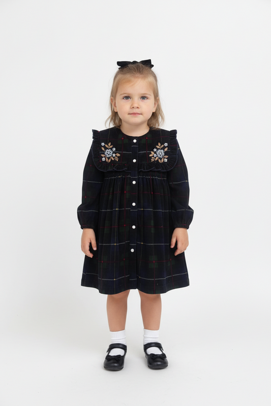 Holly Corduroy Hand-Embroidered Sailor Collar Shirt Dress Green