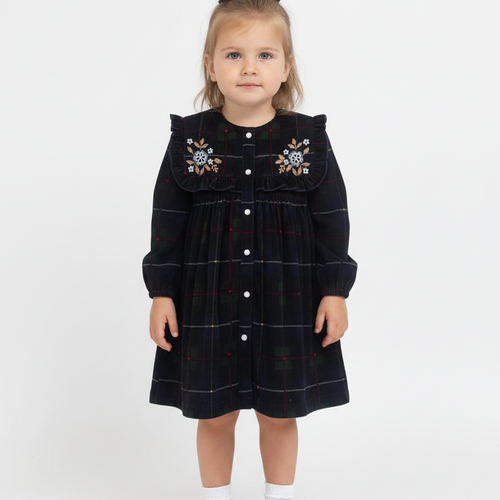 Holly Corduroy Hand-Embroidered Sailor Collar Shirt Dress Green