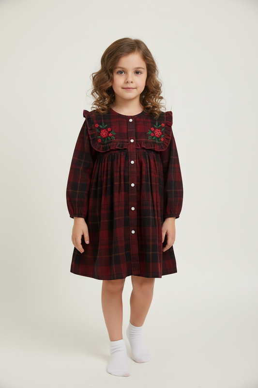 Holly Corduroy Hand-Embroidered Sailor Collar Shirt Dress Red