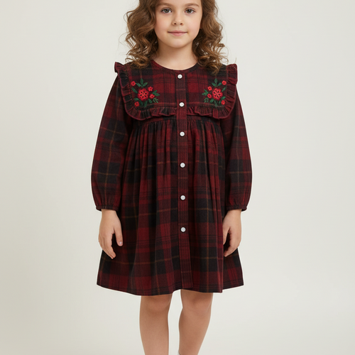 Holly Corduroy Hand-Embroidered Sailor Collar Shirt Dress Red