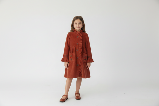 Willow Corduroy Shirt Dress with Hand Embroidery Rust
