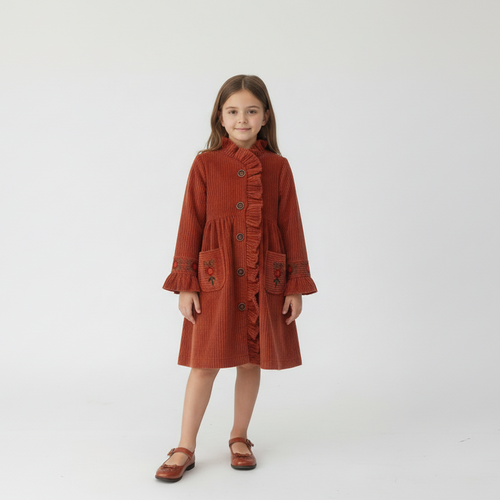 Willow Corduroy Shirt Dress with Hand Embroidery Rust