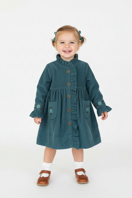 Willow Corduroy Shirt Dress with Hand Embroidery Teal