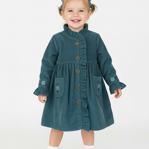 Willow Corduroy Shirt Dress with Hand Embroidery Teal