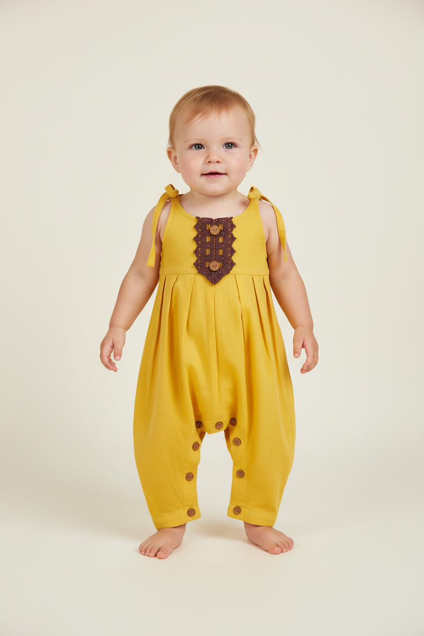 Sunshine Yellow Infant Jumpsuit with Burgandy Lace Detail - Yo Baby Online