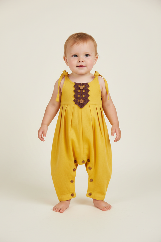 Sunshine Yellow Infant Jumpsuit with Burgandy Lace Detail - Yo Baby Online