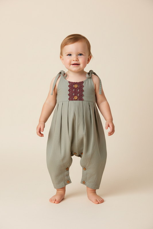 Grey Infant Jumpsuit with Burgundy Lace Detail - Yo Baby Online