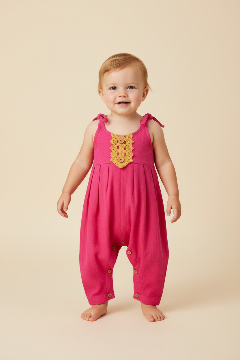 Pink Infant Jumpsuit with Yellow Lace Detail - Yo Baby Online
