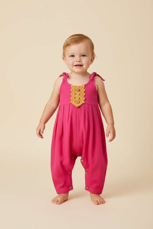 Pink Infant Jumpsuit with Yellow Lace Detail - Yo Baby Online