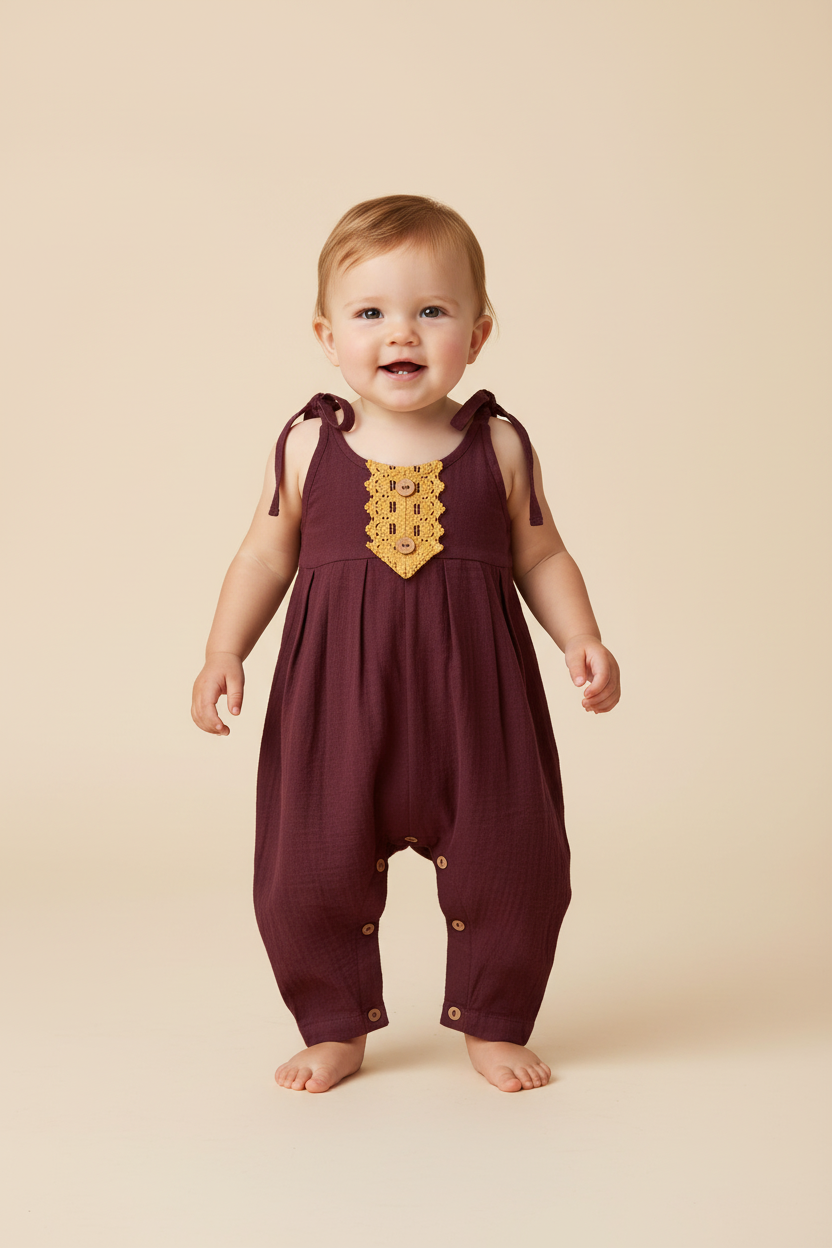 Burgundy Infant Jumpsuit with Yellow Lace Detail - Yo Baby Online