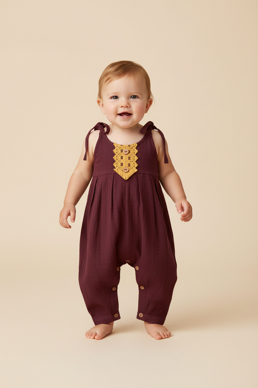 Burgundy Infant Jumpsuit with Yellow Lace Detail - Yo Baby Online