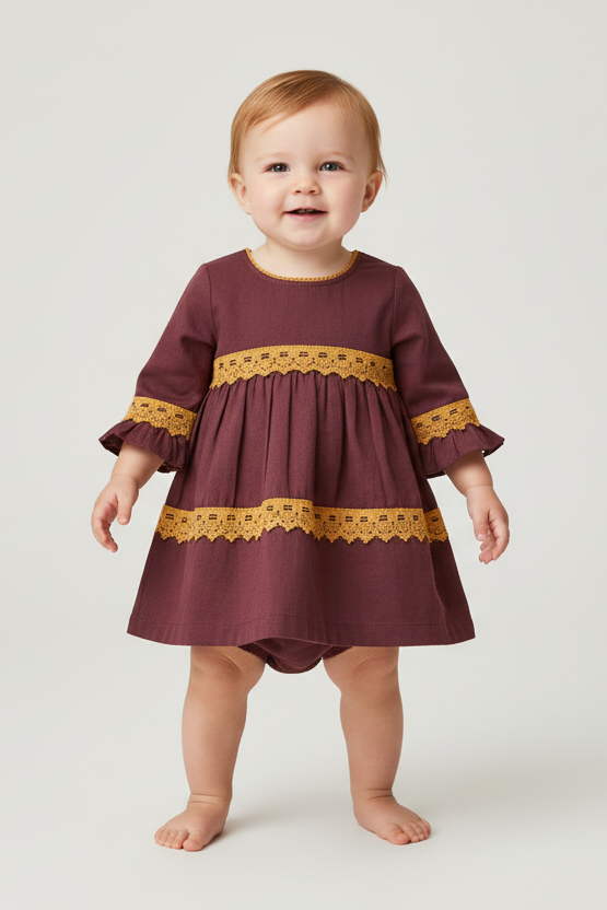 Burgundy With Yellow Lace Detail Swing Dress - Yo Baby Online