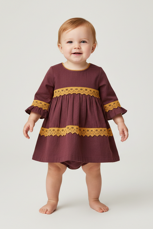 Burgundy With Yellow Lace Detail Swing Dress - Yo Baby Online