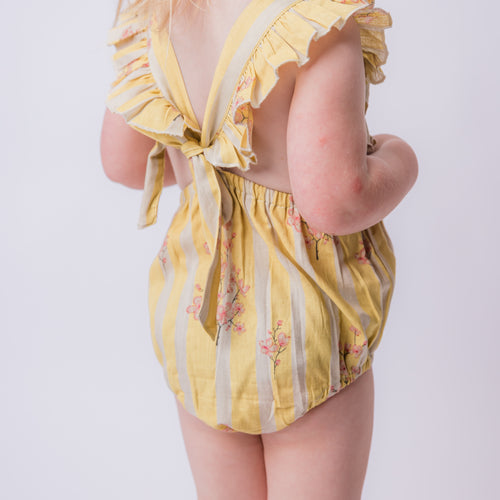 Pink & Yellow Floral Print Ruffled Racer Back Romper