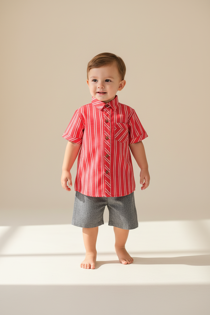Red Stripes Print Boys Shirt & Black Chambray Shorts set