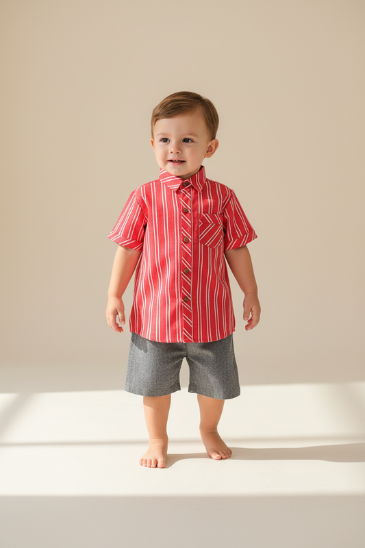 Red Stripes Print Boys Shirt & Black Chambray Shorts set